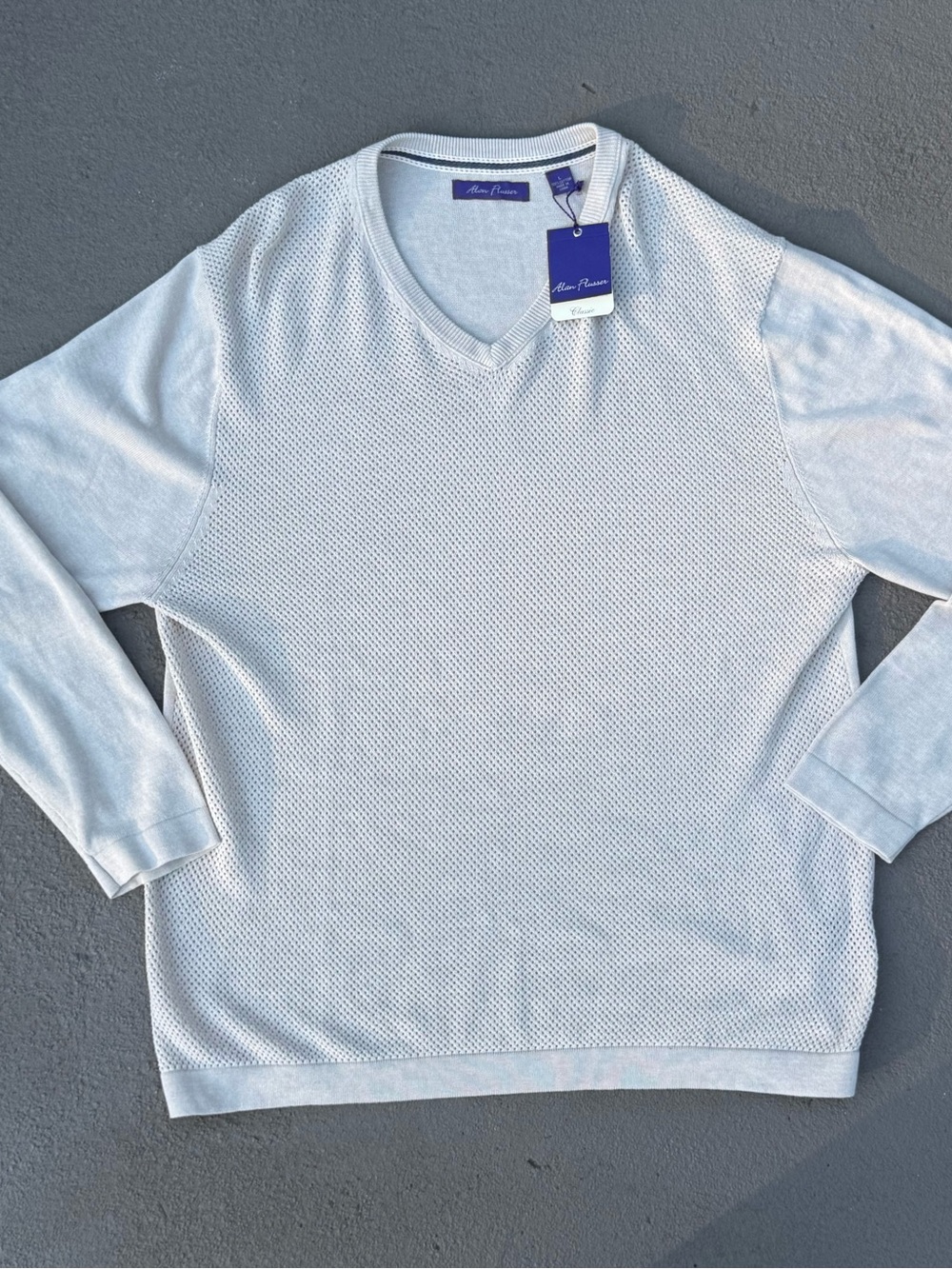 NWT Alan Flusser Classic White Cotton Mesh Knit V-Neck Sweater Men’s Large L - Picture 1 of 5